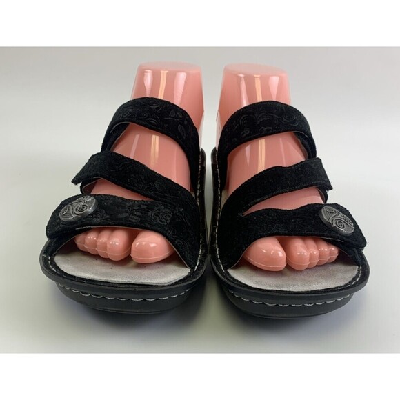 Alegria Strappy Slide Sandal Black Nubuck Embossed Slip On Womens 40 9.5 - 10 - Picture 5 of 15